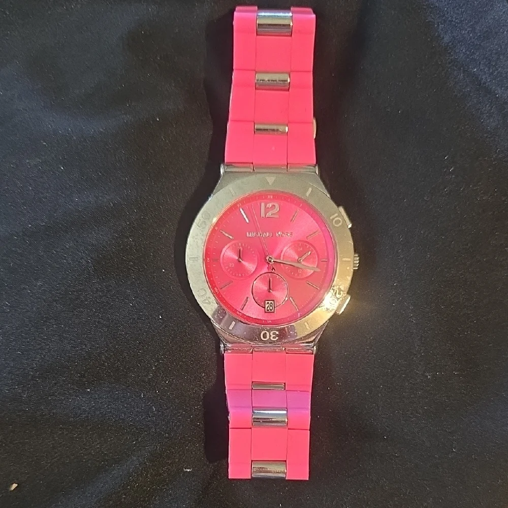 Michael Kors Vibrant Pink and Silver Chronograph Watch Silicone/ Metal Small